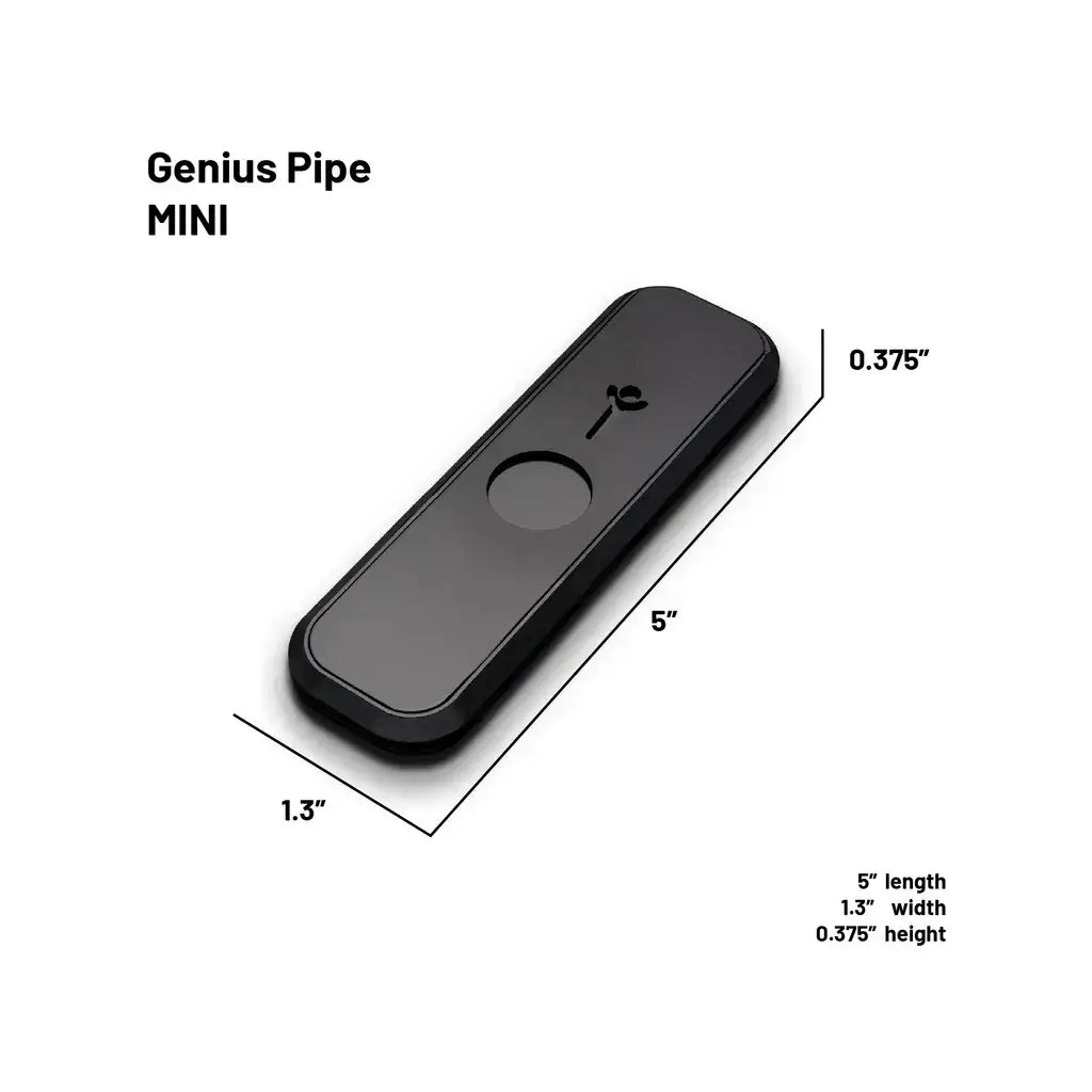 Mini Genius Pipe with labeled dimensions – 5 inches long, 1.3 inches wide, 0.375 inches high.