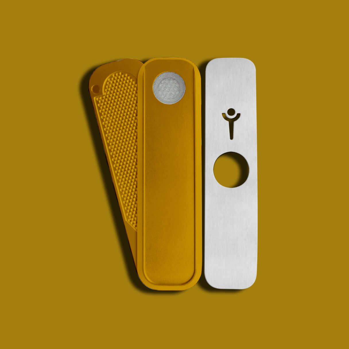 Genius Pipe Mini Gold disassembled with gold background β top and slider shown separately.