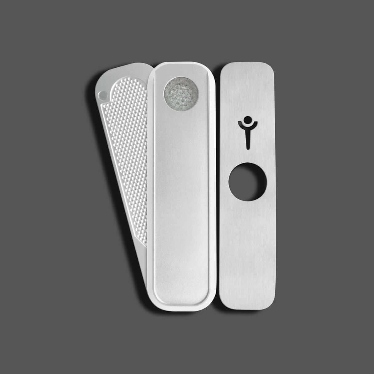 Genius Pipe Mini Silver disassembled with silver background – top and slider shown separately.