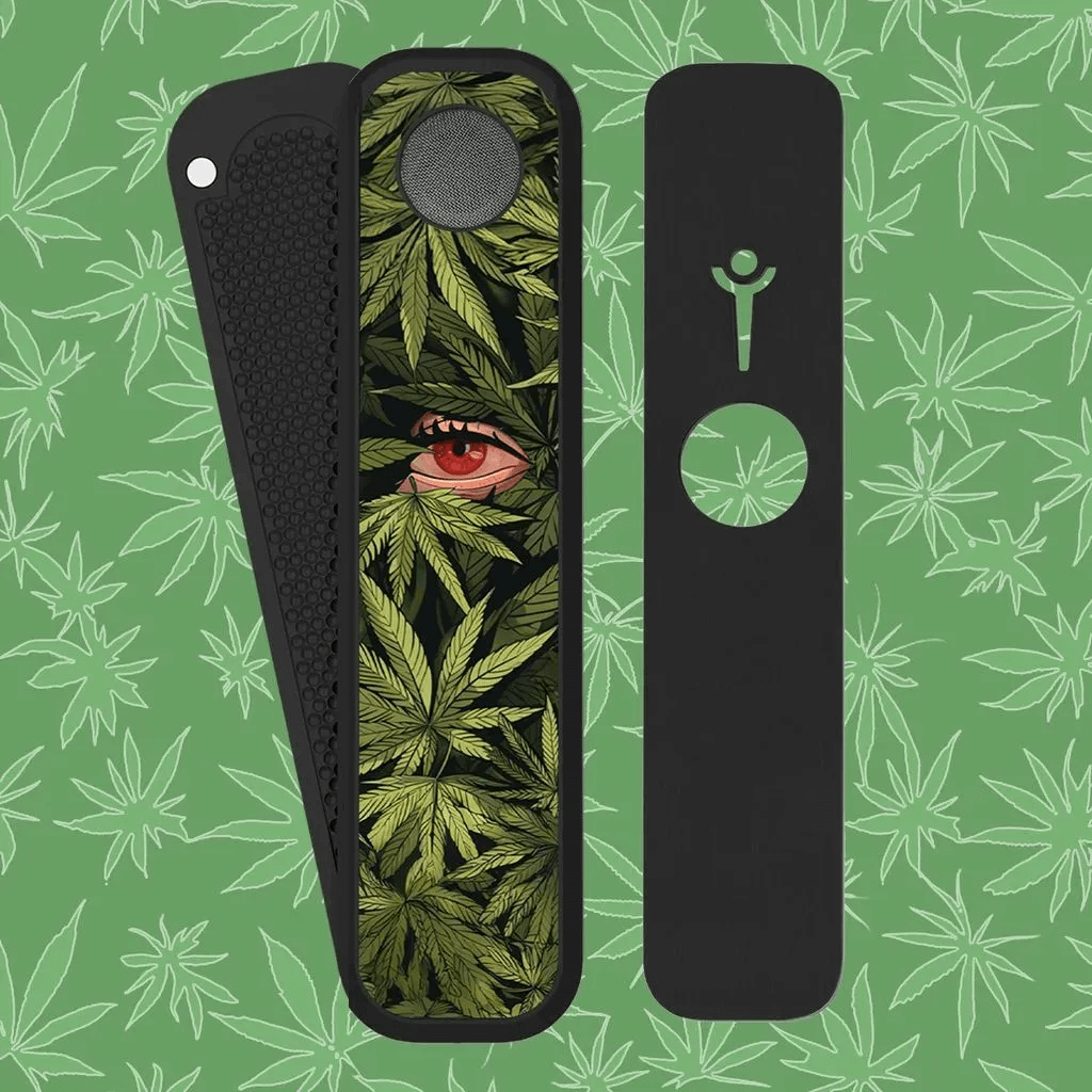 Genius Pipe β The Plant and I edition disassembled with leaf background showing top, bottom, and slider.