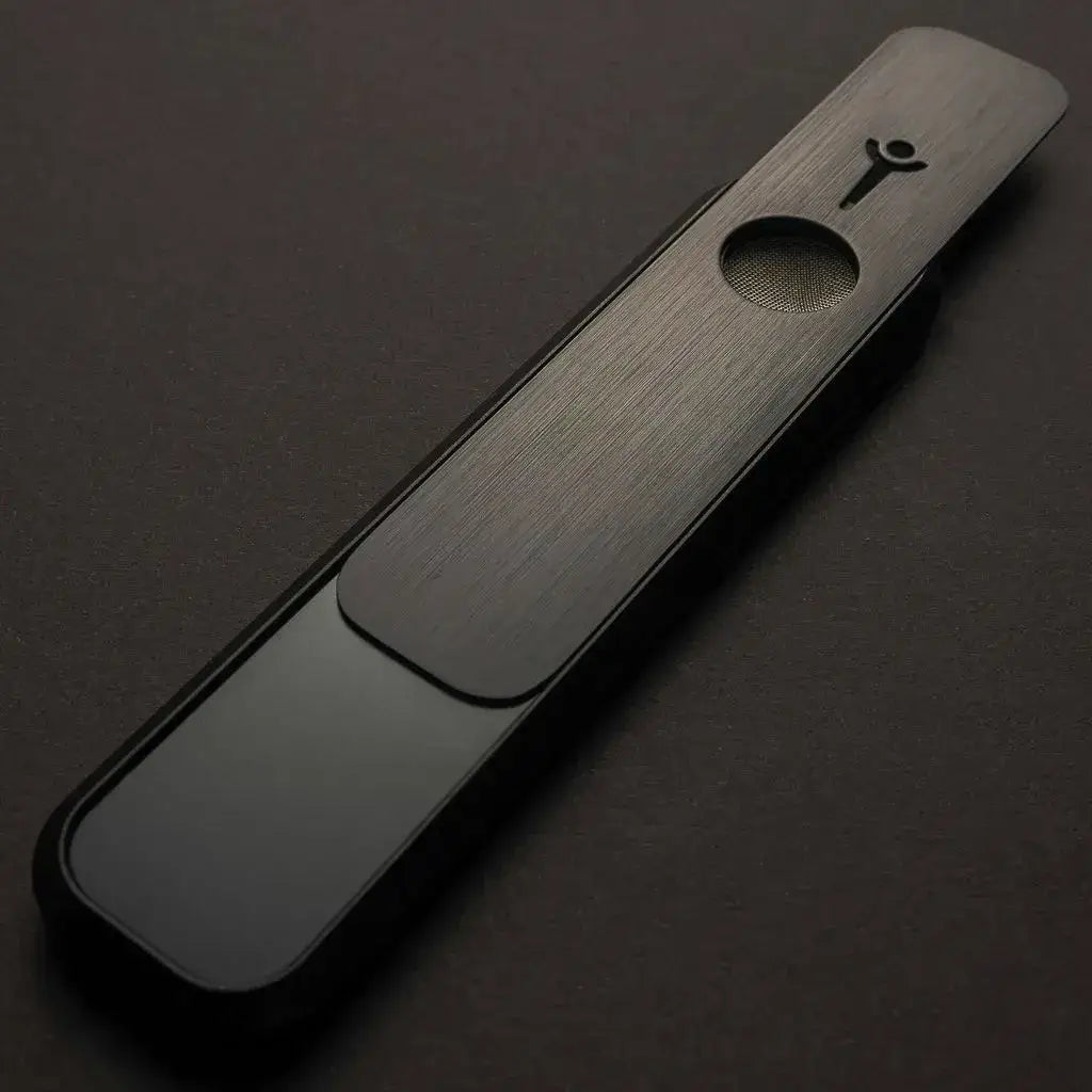 Genius Pipe – TOP Secret Stealth edition with slider open, exposing bowl – felt background.