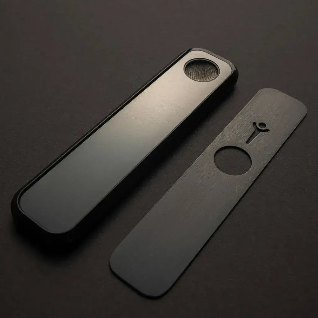 Genius Pipe – TOP Secret Stealth edition with magnetic slider removed, resting beside pipe on felt.